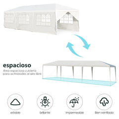 Toldo Impermeable 3 x 9 m con 6 Paneles Laterales Rmovibles y 2 Puertas Glorieta con Palos Resistentes para Casamientos Playa Barbacoas Blanco