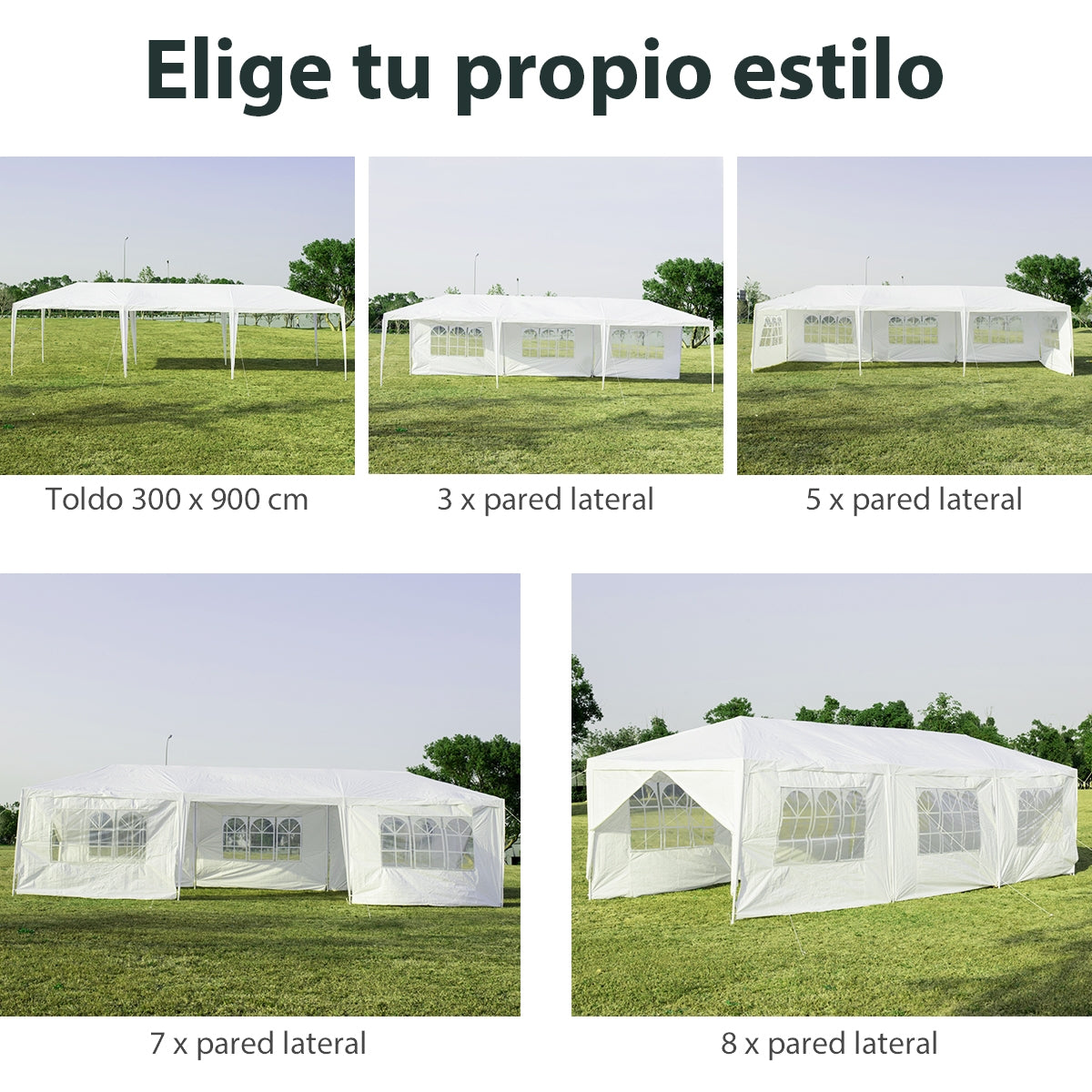 Toldo Impermeable 3 x 9 m con 6 Paneles Laterales Rmovibles y 2 Puertas Glorieta con Palos Resistentes para Casamientos Playa Barbacoas Blanco