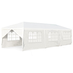 Toldo Impermeable 3 x 9 m con 6 Paneles Laterales Rmovibles y 2 Puertas Glorieta con Palos Resistentes para Casamientos Playa Barbacoas Blanco