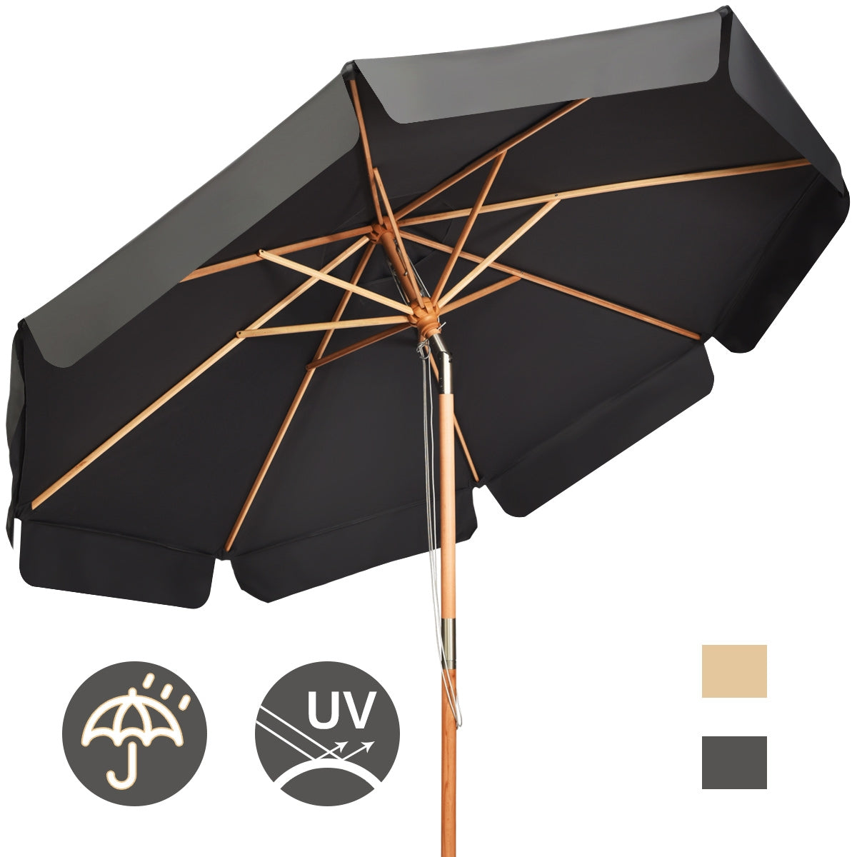 Sombrilla de Exterior con Botón Manual 8 Varillas de Madera Blancas Tejido Poliéster Impermeable para Patio Playa Piscina Gris 300 x 253 cm
