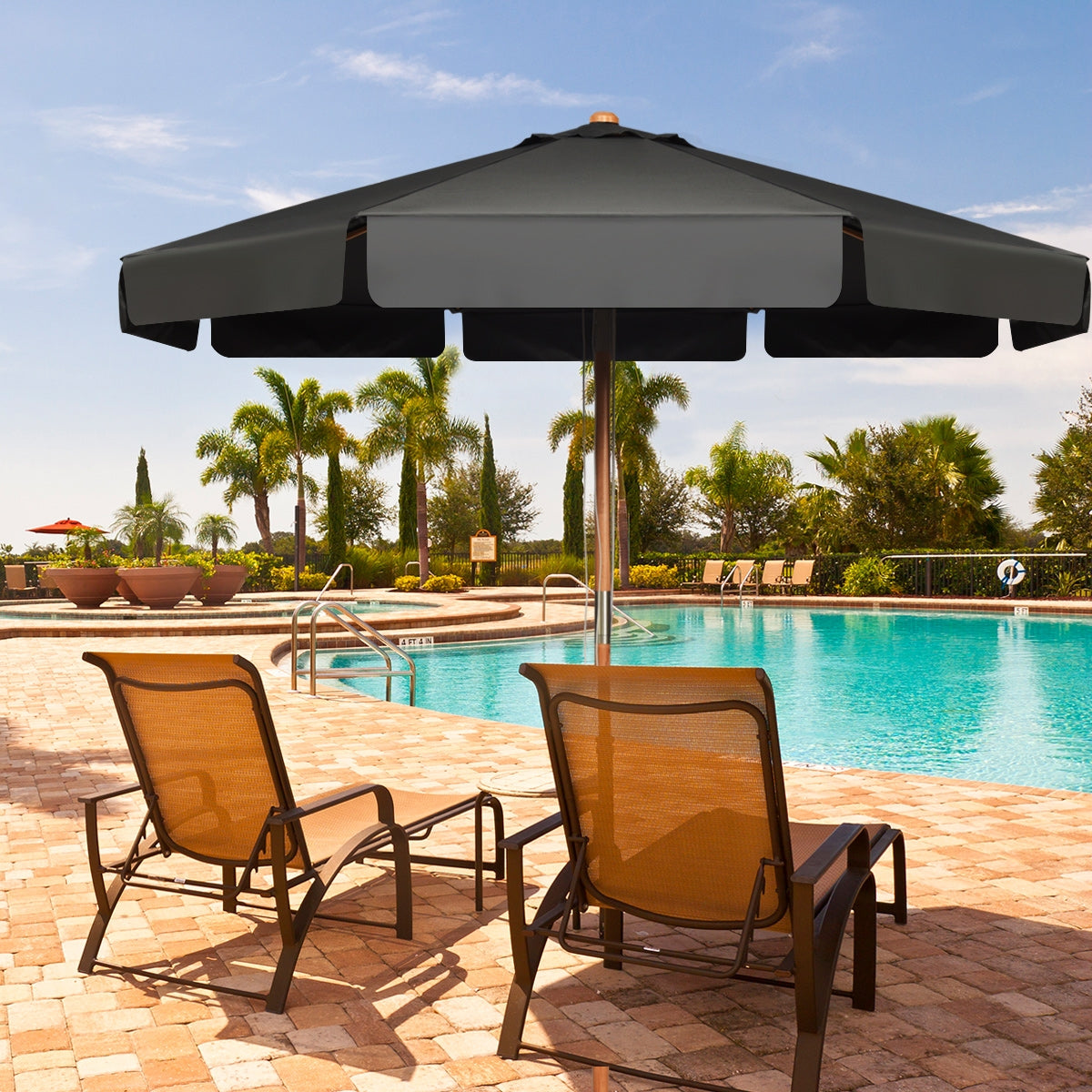 Sombrilla de Exterior con Botón Manual 8 Varillas de Madera Blancas Tejido Poliéster Impermeable para Patio Playa Piscina Gris 300 x 253 cm