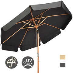 Sombrilla de Exterior con Botón Manual 8 Varillas de Madera Blancas Tejido Poliéster Impermeable para Patio Playa Piscina Gris 300 x 253 cm