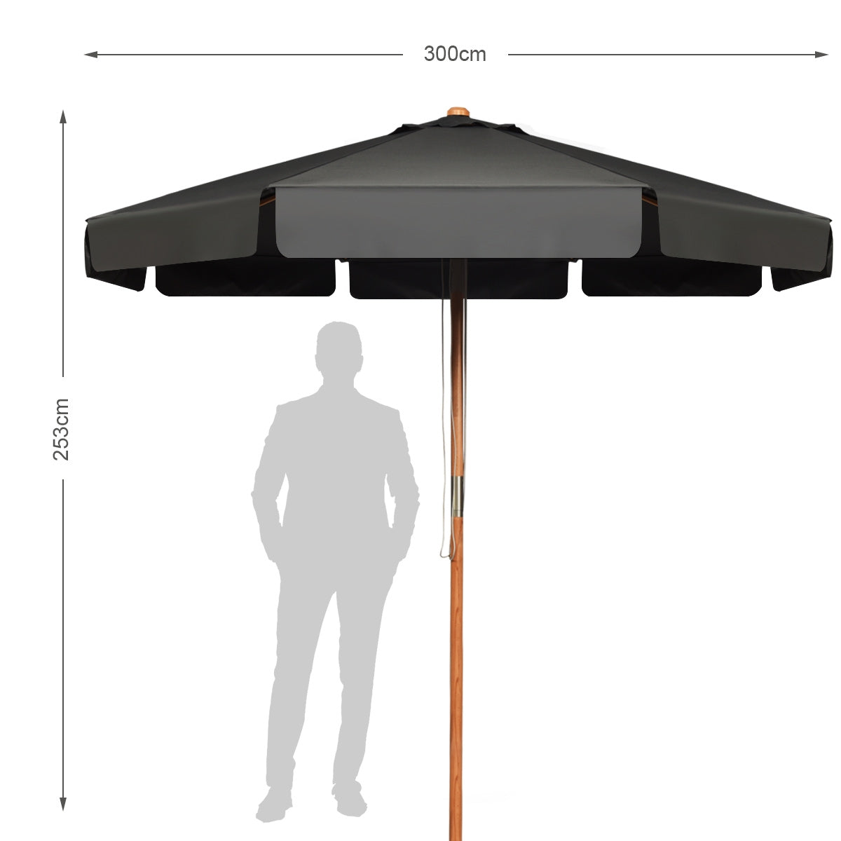 Sombrilla de Exterior con Botón Manual 8 Varillas de Madera Blancas Tejido Poliéster Impermeable para Patio Playa Piscina Gris 300 x 253 cm