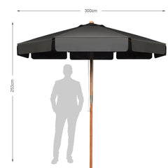 Sombrilla de Exterior con Botón Manual 8 Varillas de Madera Blancas Tejido Poliéster Impermeable para Patio Playa Piscina Gris 300 x 253 cm