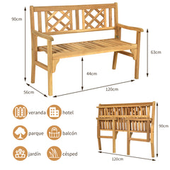 Banco Plegable para Patio Banco de Madera Acacia de Exterior Banco 120 cm para 2 Personas con Respaldo Curvo y Reposabrazos Color Teca