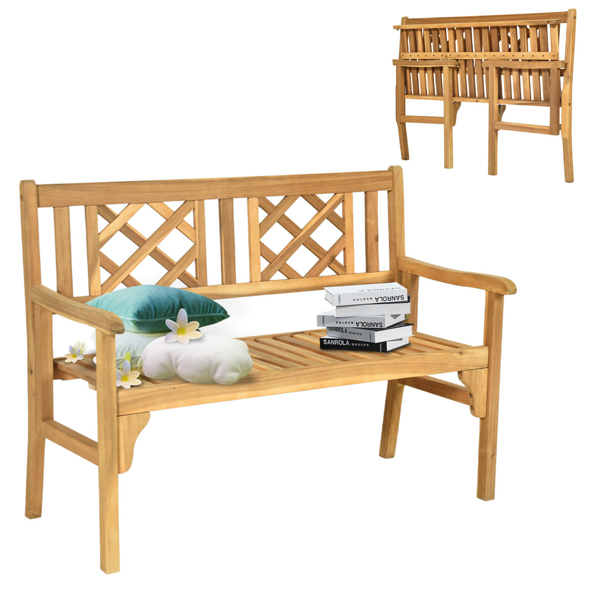 Banco Plegable para Patio Banco de Madera Acacia de Exterior Banco 120 cm para 2 Personas con Respaldo Curvo y Reposabrazos Color Teca