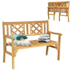 Banco Plegable para Patio Banco de Madera Acacia de Exterior Banco 120 cm para 2 Personas con Respaldo Curvo y Reposabrazos Color Teca