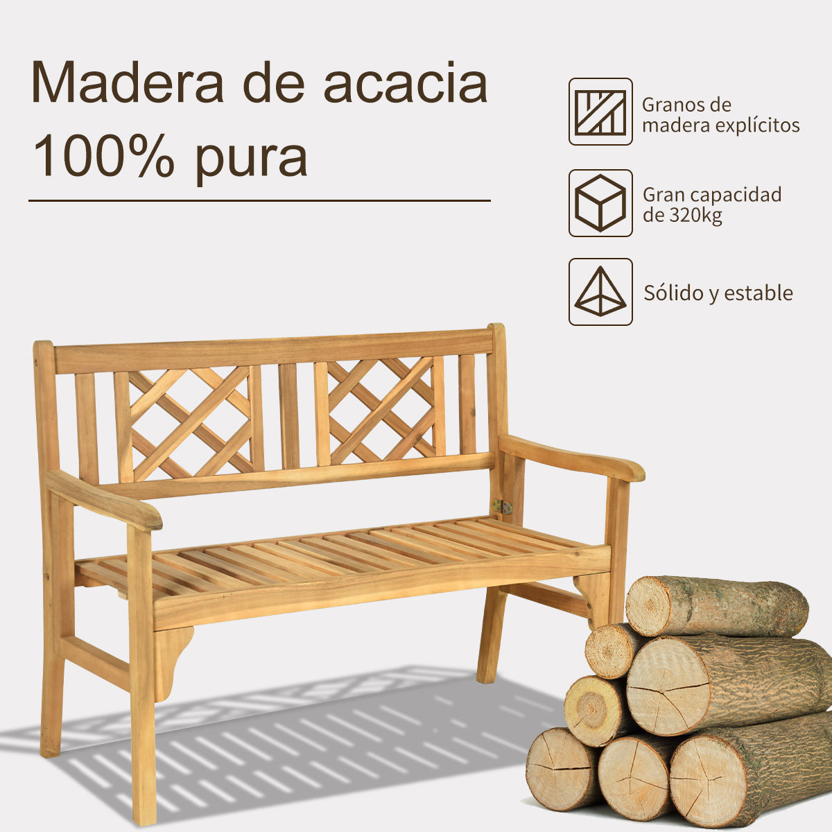 Banco Plegable para Patio Banco de Madera Acacia de Exterior Banco 120 cm para 2 Personas con Respaldo Curvo y Reposabrazos Color Teca