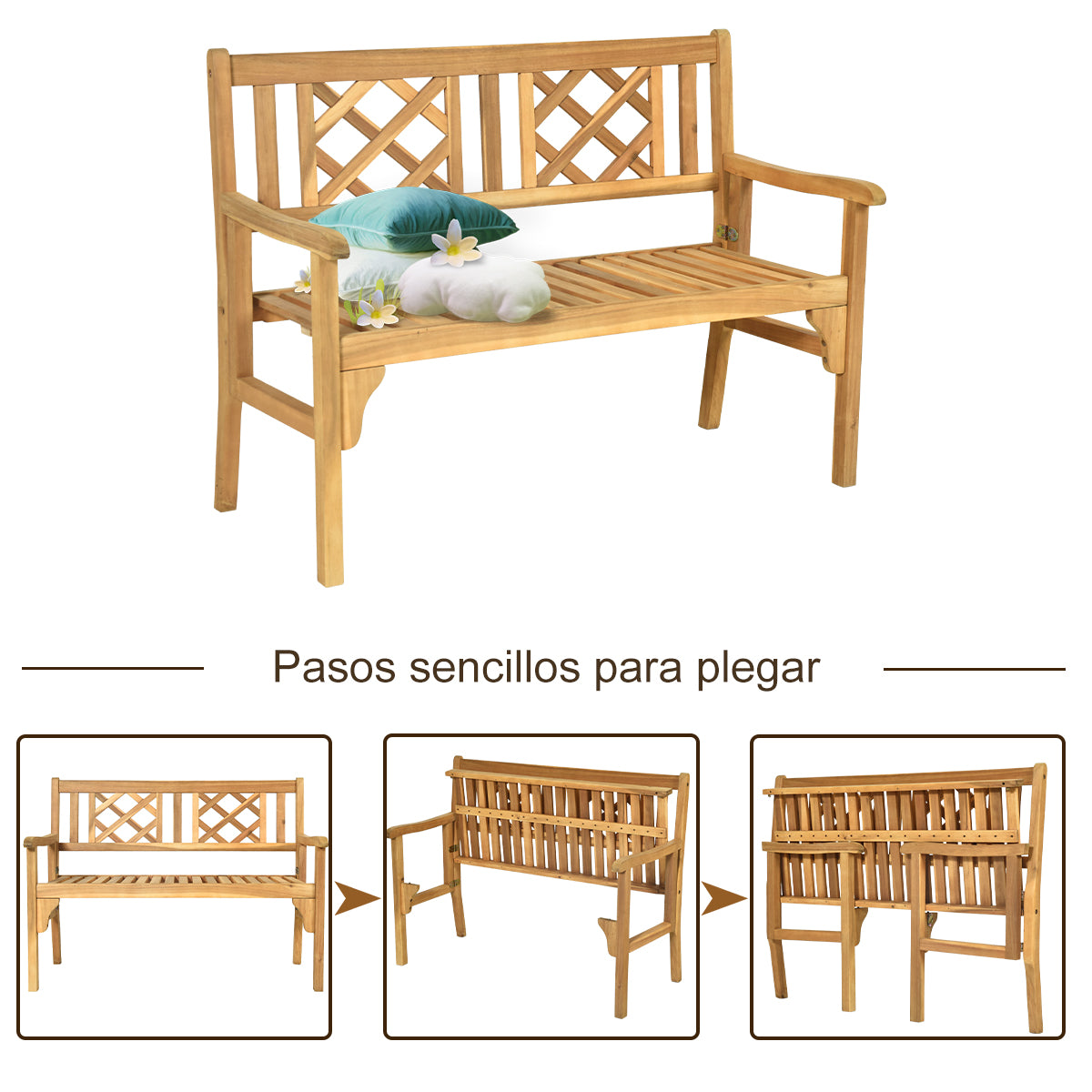 Banco Plegable para Patio Banco de Madera Acacia de Exterior Banco 120 cm para 2 Personas con Respaldo Curvo y Reposabrazos Color Teca