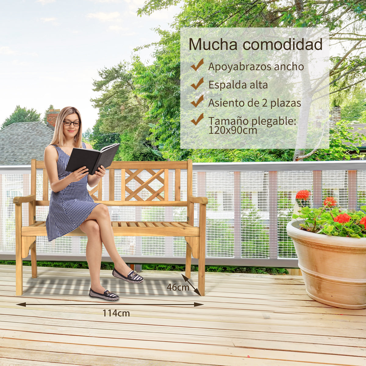 Banco Plegable para Patio Banco de Madera Acacia de Exterior Banco 120 cm para 2 Personas con Respaldo Curvo y Reposabrazos Color Teca