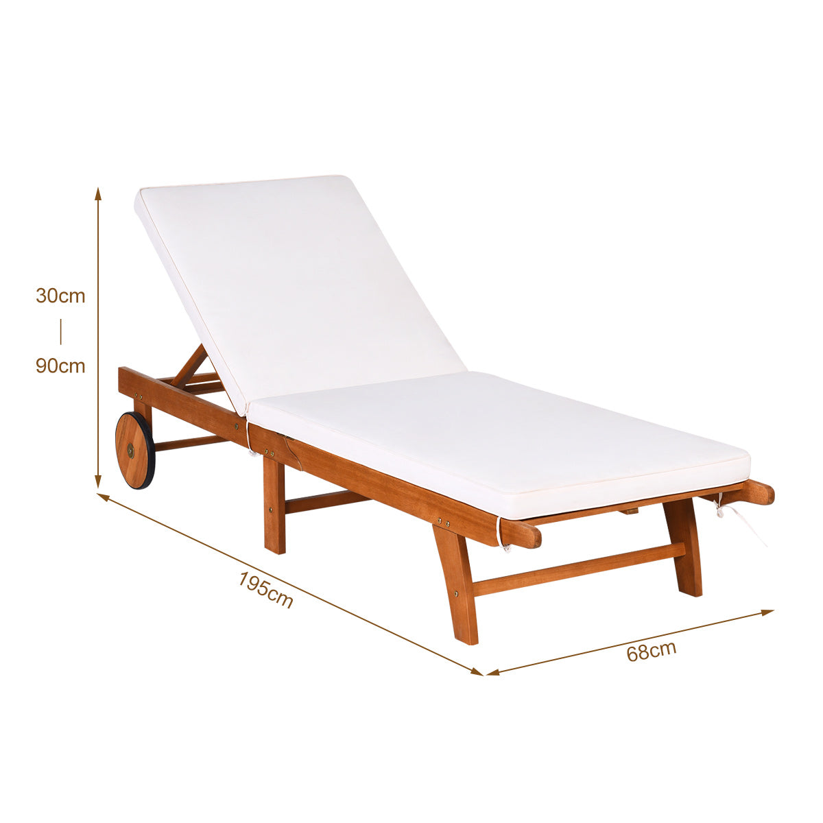 Tumbona Plegable de Madera de Exterior Silla Reclinable Regulable en 6 Posiciones con Ruedas Cojín para Piscina Patio 195 x 68 x 30-90 cm