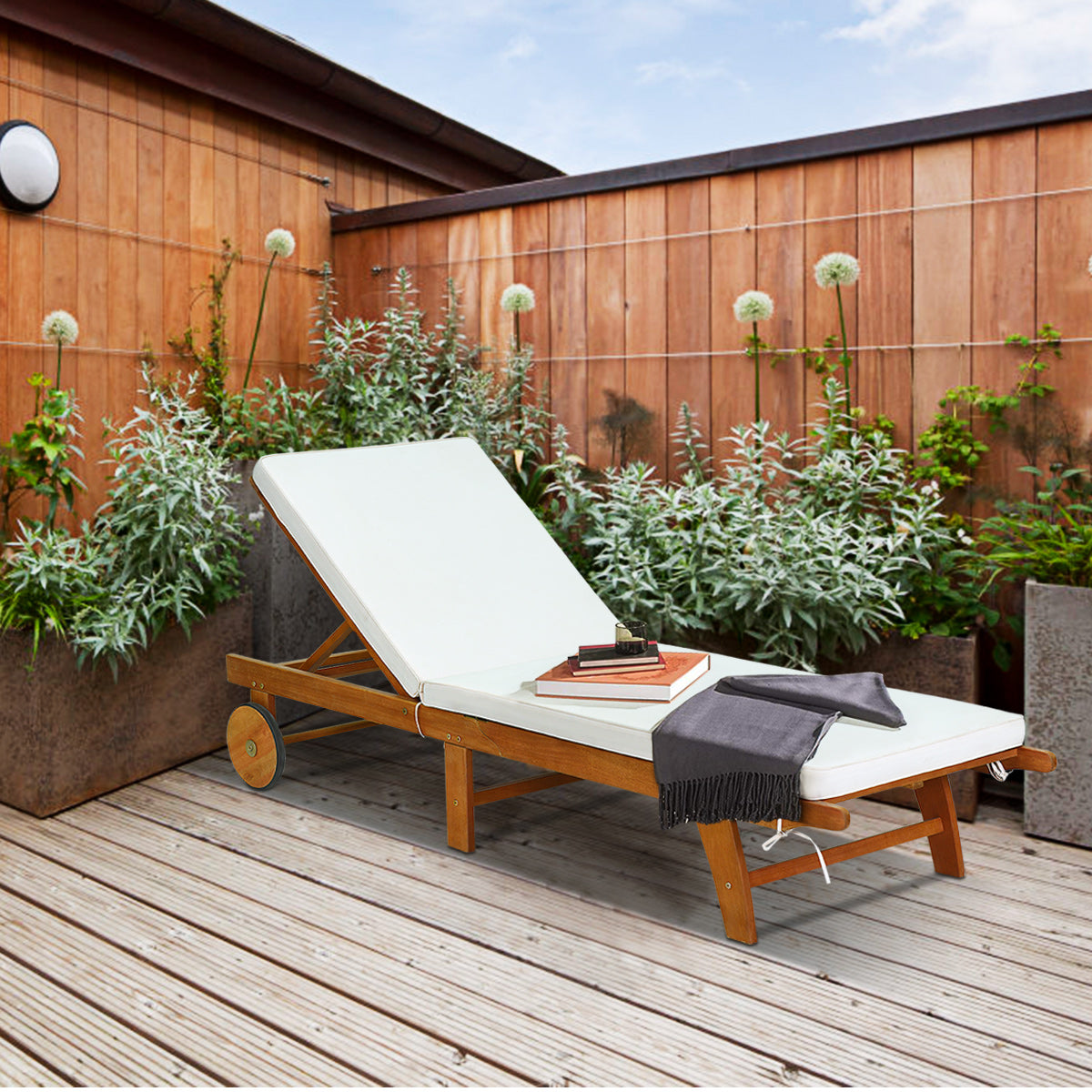 Tumbona Plegable de Madera de Exterior Silla Reclinable Regulable en 6 Posiciones con Ruedas Cojín para Piscina Patio 195 x 68 x 30-90 cm