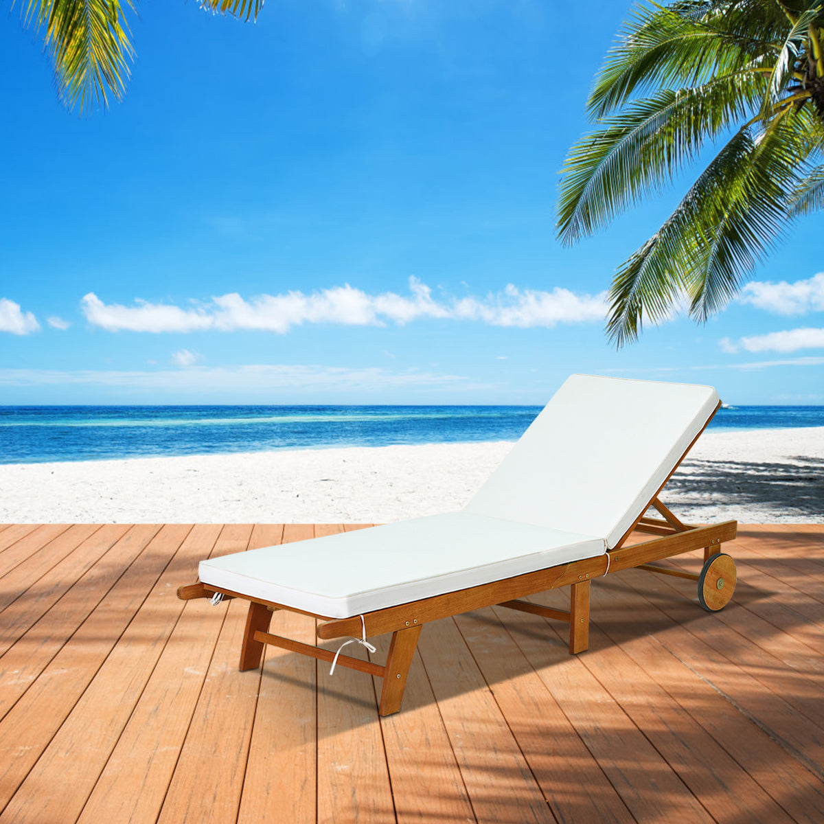 Tumbona Plegable de Madera de Exterior Silla Reclinable Regulable en 6 Posiciones con Ruedas Cojín para Piscina Patio 195 x 68 x 30-90 cm