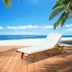 Tumbona Plegable de Madera de Exterior Silla Reclinable Regulable en 6 Posiciones con Ruedas Cojín para Piscina Patio 195 x 68 x 30-90 cm