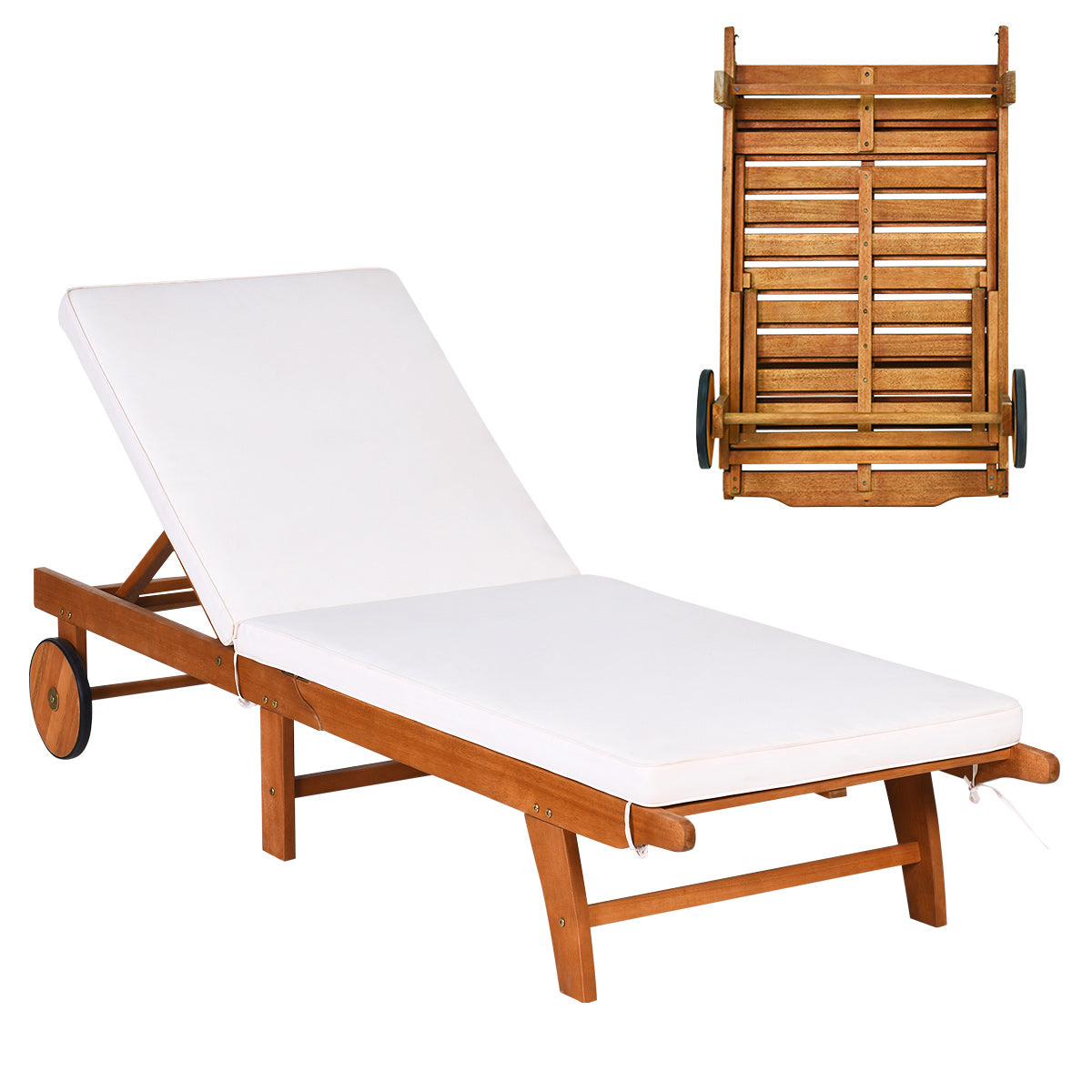 Tumbona Plegable de Madera de Exterior Silla Reclinable Regulable en 6 Posiciones con Ruedas Cojín para Piscina Patio 195 x 68 x 30-90 cm