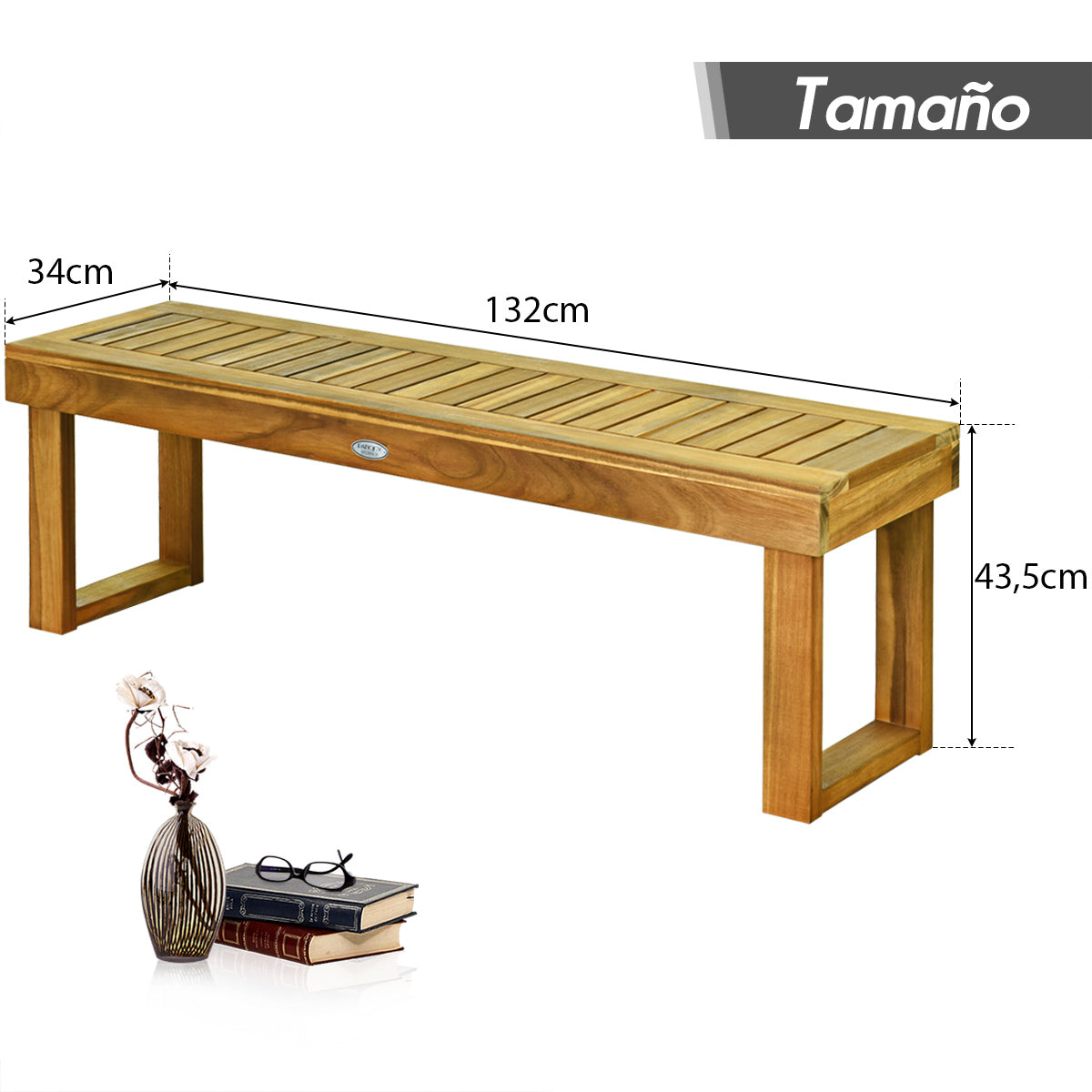 Banco de Exterior Madera Acacia Banco de Patio con Asiento de Listones sin Respaldo para Dormitorio Jardín Balcón 132 x 34 x 43,5 cm Teca