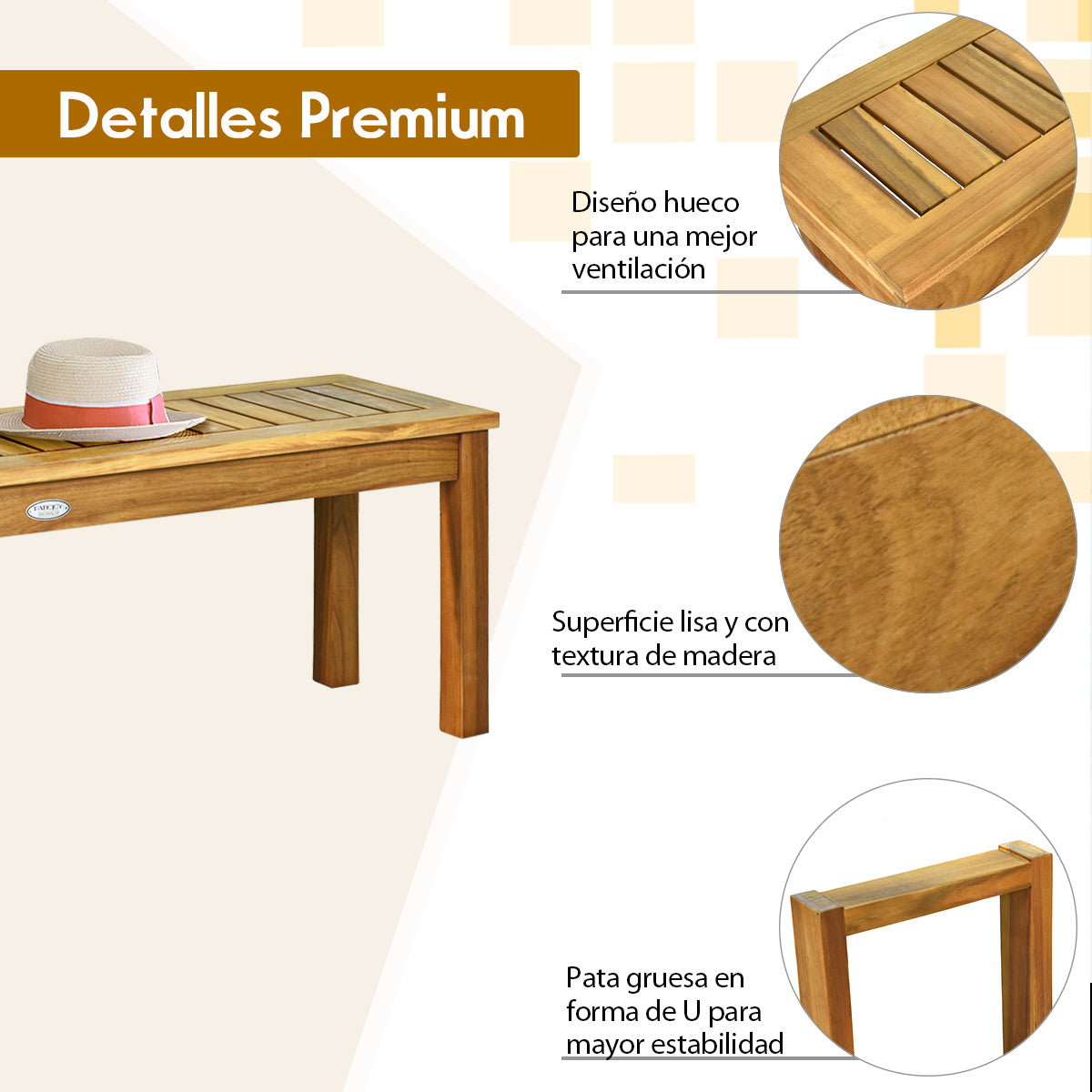 Banco de Exterior Madera Acacia Banco de Patio con Asiento de Listones sin Respaldo para Dormitorio Jardín Balcón 132 x 34 x 43,5 cm Teca