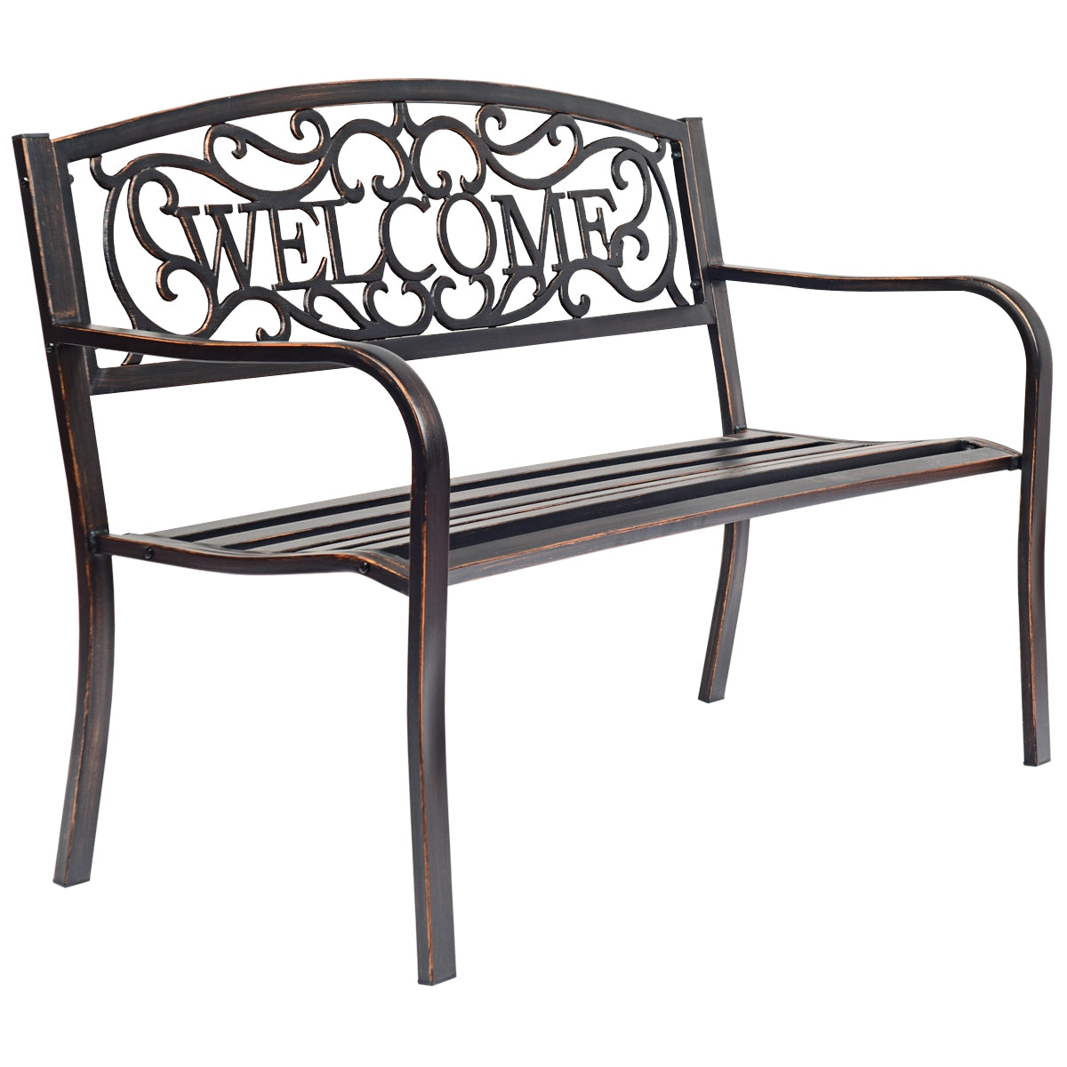 Banco de Jardín Asiento de Exterior Estructura de Metal con Letrero WELCOME para Terraza Patio Balcón Bronce 127 x 63,5 x 89 cm