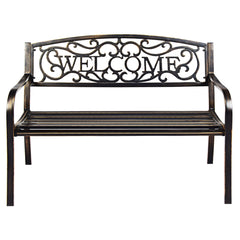 Banco de Jardín Asiento de Exterior Estructura de Metal con Letrero WELCOME para Terraza Patio Balcón Bronce 127 x 63,5 x 89 cm
