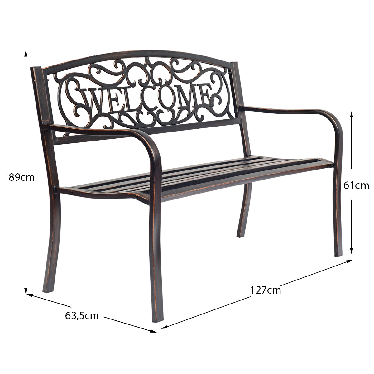Banco de Jardín Asiento de Exterior Estructura de Metal con Letrero WELCOME para Terraza Patio Balcón Bronce 127 x 63,5 x 89 cm