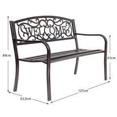 Banco de Jardín Asiento de Exterior Estructura de Metal con Letrero WELCOME para Terraza Patio Balcón Bronce 127 x 63,5 x 89 cm