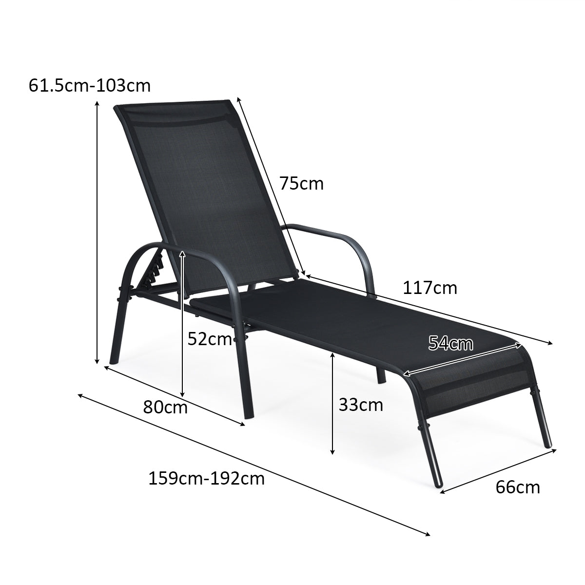 Silla Reclinable Plegable de Exterior con Respaldo Regulable para Playa Balcón Piscina Veranda Negro 192 x 66 x 61,5 cm