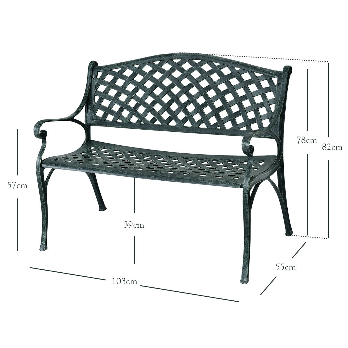 Banco de Jardín en Fundición de Aluminio con Reposabrazos Respaldo Diseño de Rejilla para Patio Pórtico Balcón Césped Verde Antiguo