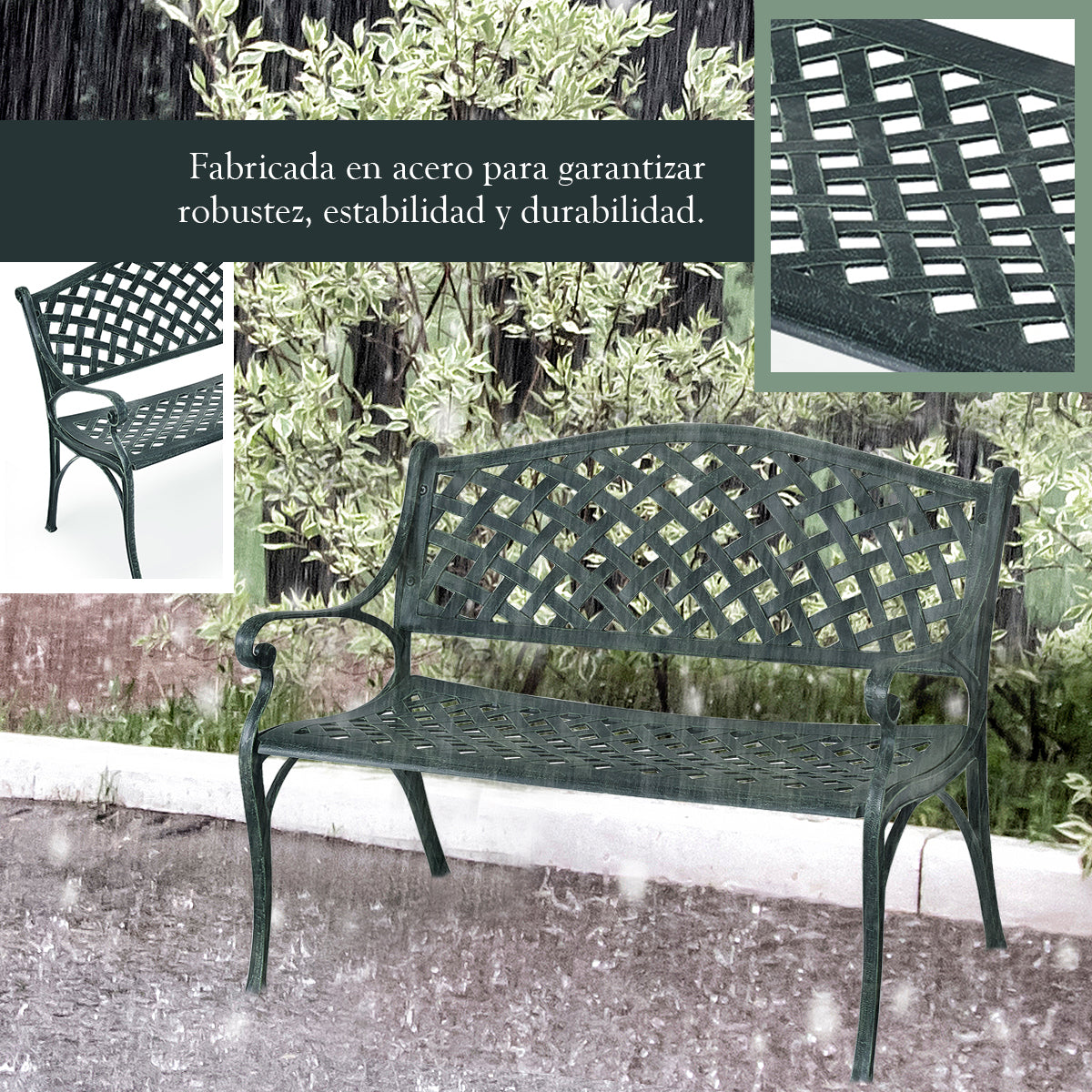 Banco de Jardín en Fundición de Aluminio con Reposabrazos Respaldo Diseño de Rejilla para Patio Pórtico Balcón Césped Verde Antiguo