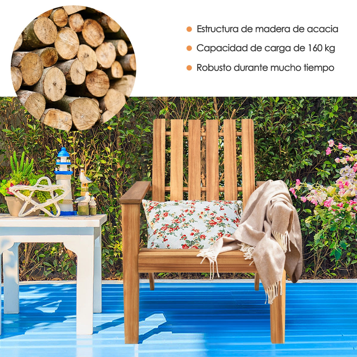 Silla Adirondack de Madera Acacia de Jardín Ergonómico con Apoyabrazos Sillón para Balcón Patio Piscina Terraza 69 x 73 x 85 cm Natural