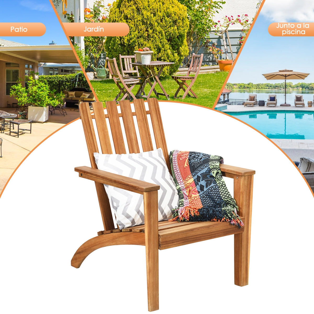 Silla Adirondack de Madera Acacia de Jardín Ergonómico con Apoyabrazos Sillón para Balcón Patio Piscina Terraza 69 x 73 x 85 cm Natural