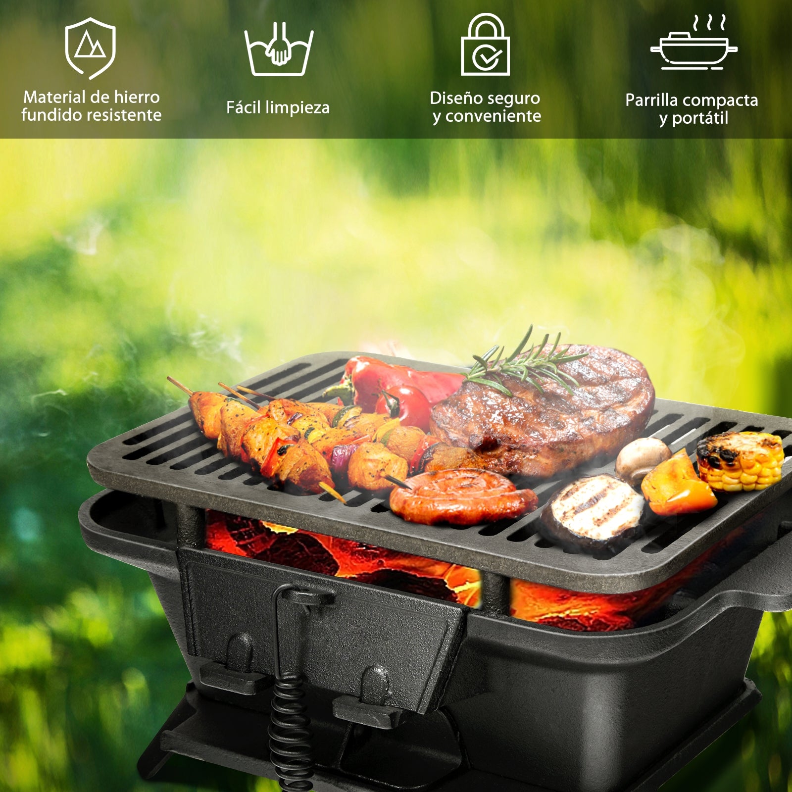 Parrilla de Barbacoa Portátil en Fundición para Picnic Exterior Camping Negro 40 x 27 x 18 cm