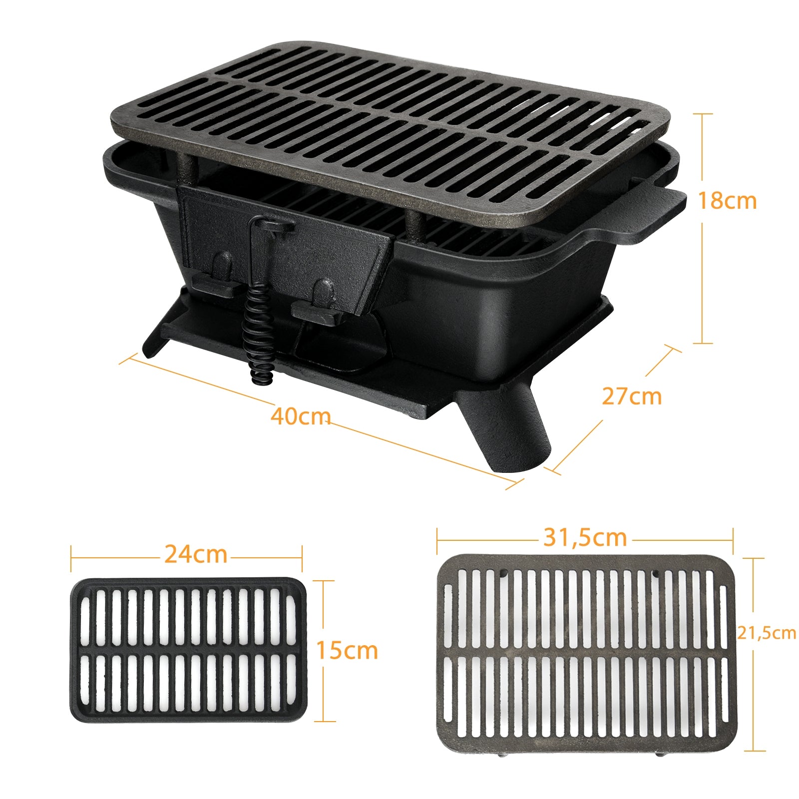 Parrilla de Barbacoa Portátil en Fundición para Picnic Exterior Camping Negro 40 x 27 x 18 cm