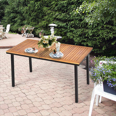 Mesa para Patio de Madera Acacia Estructura en Acero con Hoyo para Sombrilla Exterior Veranda Piscina Natural 140 x 75 x 76 cm