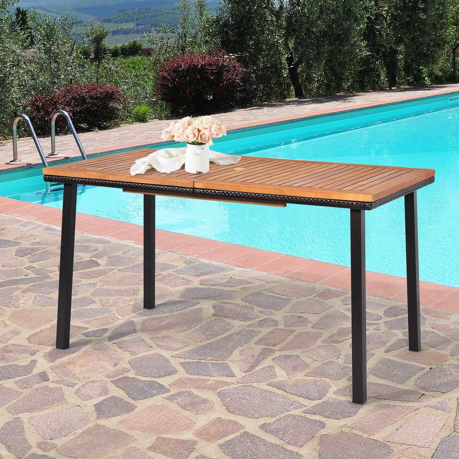 Mesa para Patio de Madera Acacia Estructura en Acero con Hoyo para Sombrilla Exterior Veranda Piscina Natural 140 x 75 x 76 cm