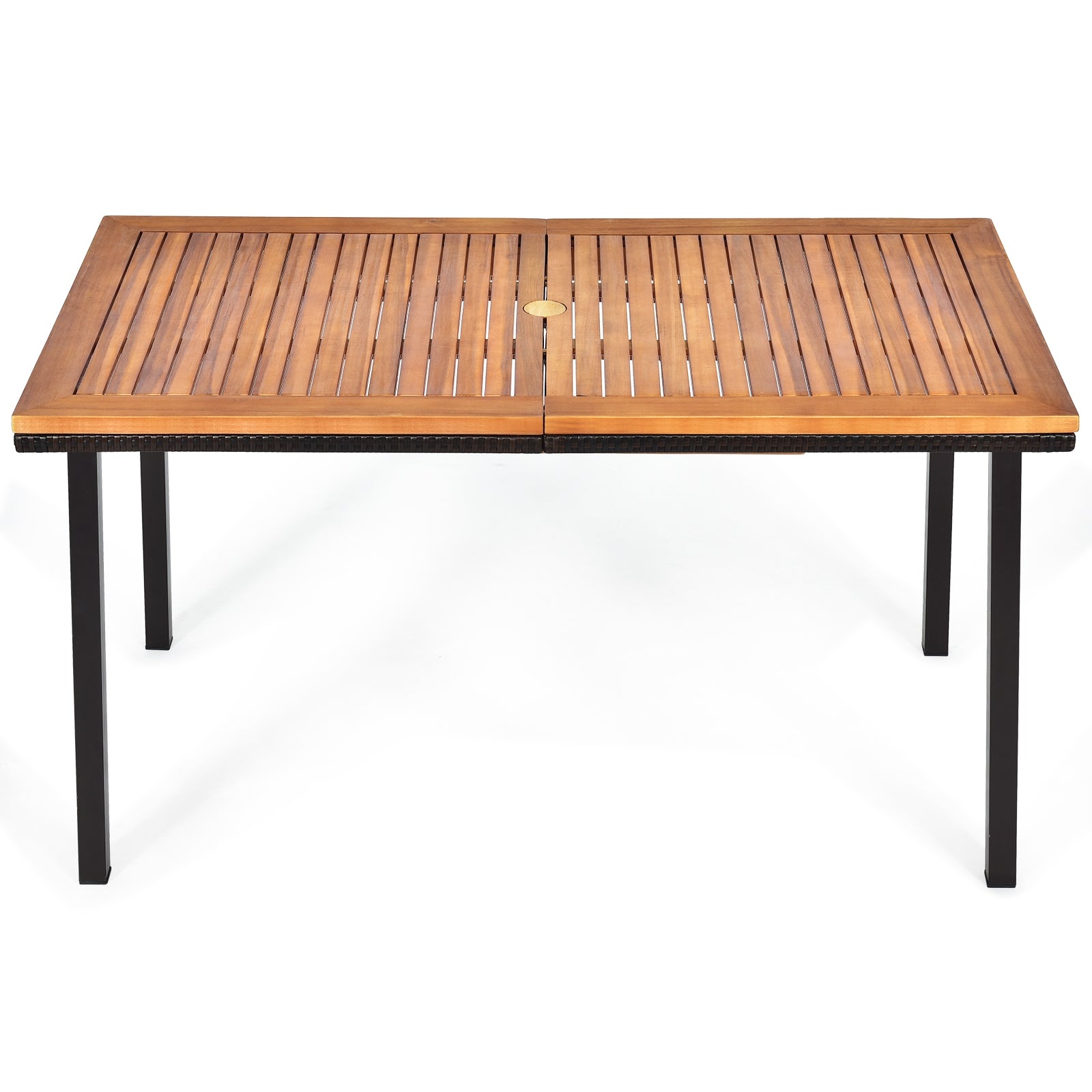Mesa para Patio de Madera Acacia Estructura en Acero con Hoyo para Sombrilla Exterior Veranda Piscina Natural 140 x 75 x 76 cm