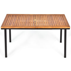 Mesa para Patio de Madera Acacia Estructura en Acero con Hoyo para Sombrilla Exterior Veranda Piscina Natural 140 x 75 x 76 cm