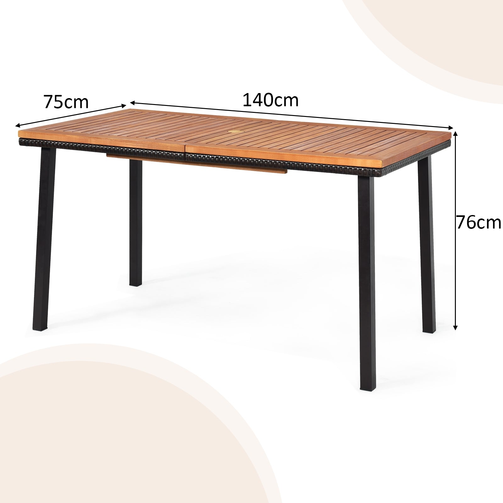 Mesa para Patio de Madera Acacia Estructura en Acero con Hoyo para Sombrilla Exterior Veranda Piscina Natural 140 x 75 x 76 cm
