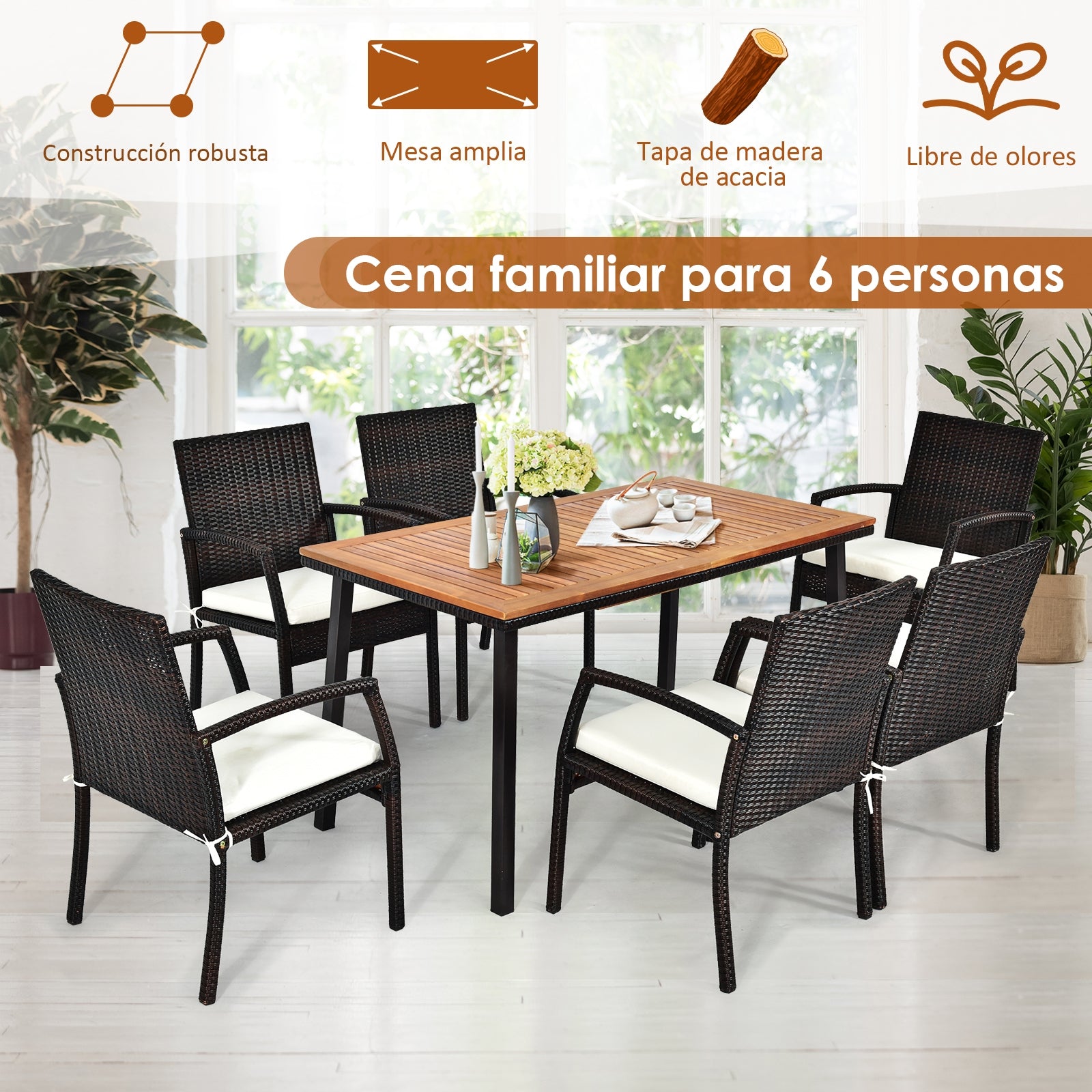 Mesa para Patio de Madera Acacia Estructura en Acero con Hoyo para Sombrilla Exterior Veranda Piscina Natural 140 x 75 x 76 cm