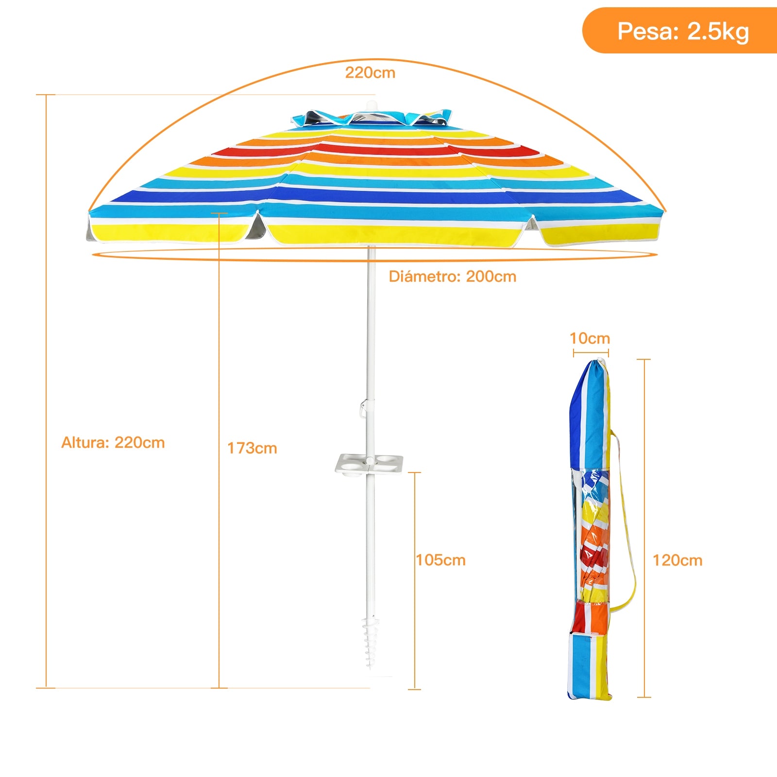 Sombrilla de Playa Parasol Inclinado Portátil con Protección Solar UPF50+ para Exterior Patio Piscina Color Iris 2 x 2,2 m