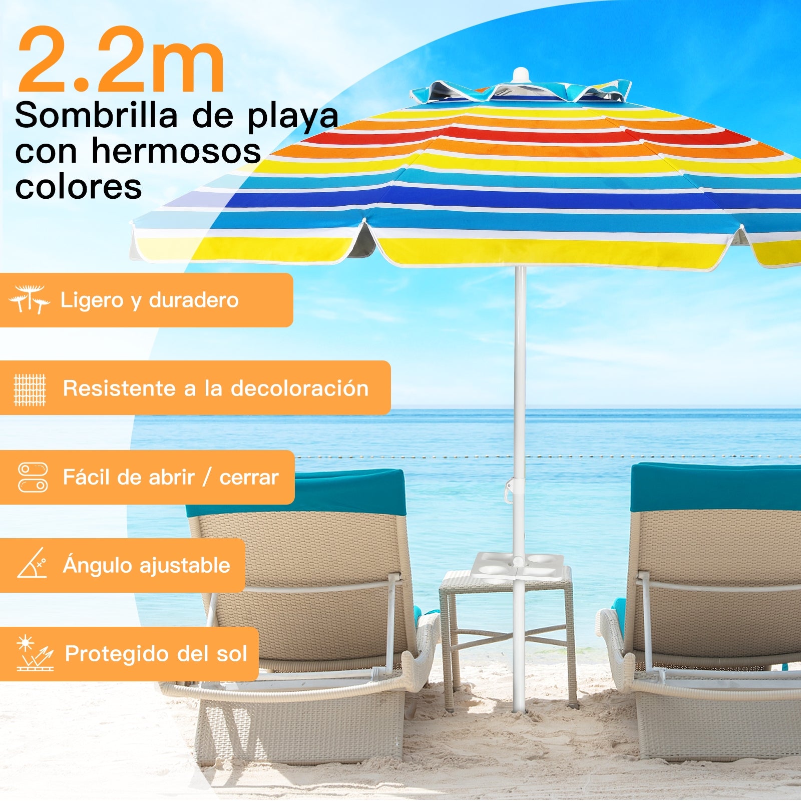 Sombrilla de Playa Parasol Inclinado Portátil con Protección Solar UPF50+ para Exterior Patio Piscina Color Iris 2 x 2,2 m