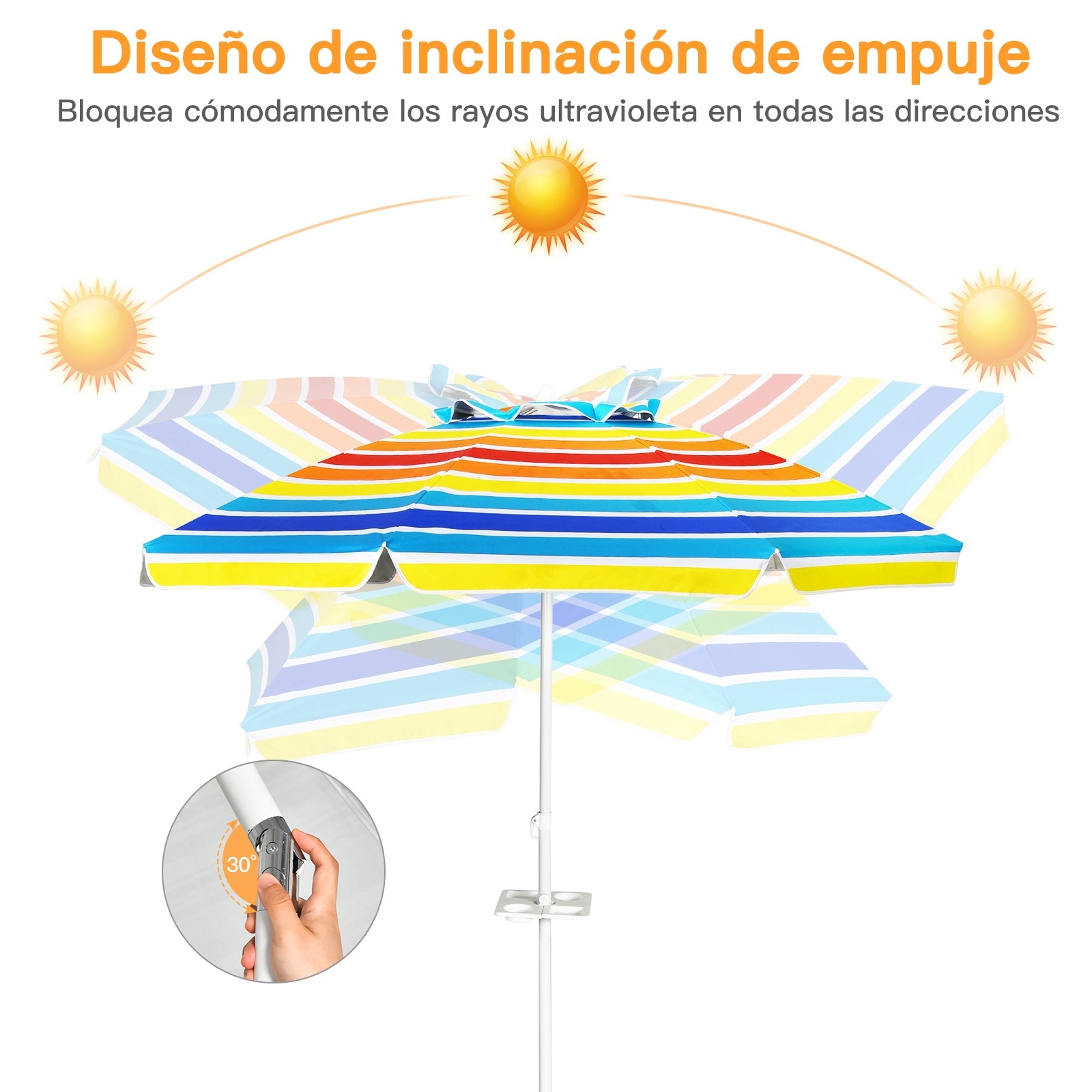 Sombrilla de Playa Parasol Inclinado Portátil con Protección Solar UPF50+ para Exterior Patio Piscina Color Iris 2 x 2,2 m