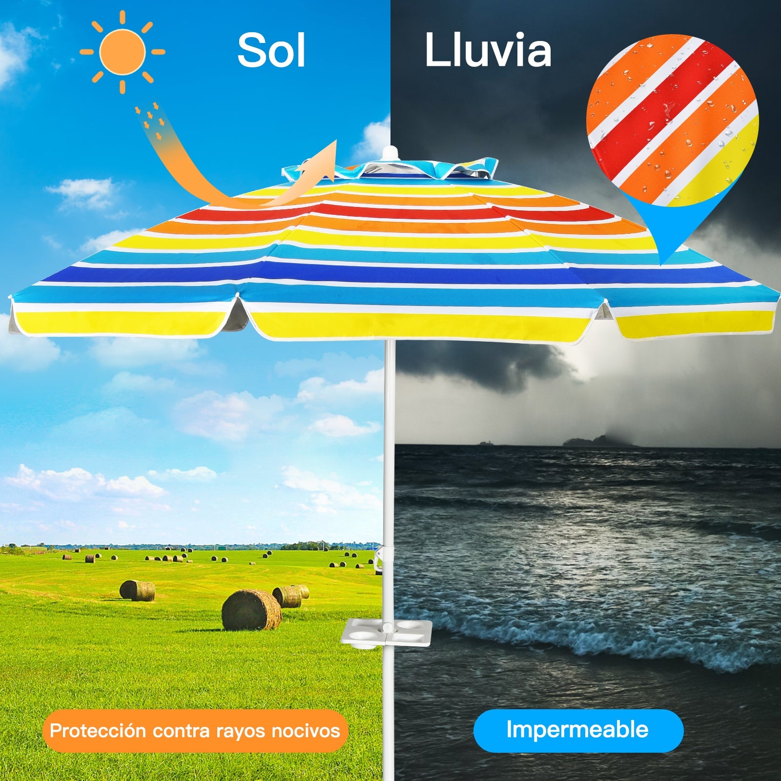Sombrilla de Playa Parasol Inclinado Portátil con Protección Solar UPF50+ para Exterior Patio Piscina Color Iris 2 x 2,2 m