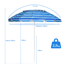 Sombrilla de Playa Parasol Regulable con Protección Solar UPF50+ Inclinable Portátil de Exterior Jardín Raya Azul 2,2 x 2,45 m