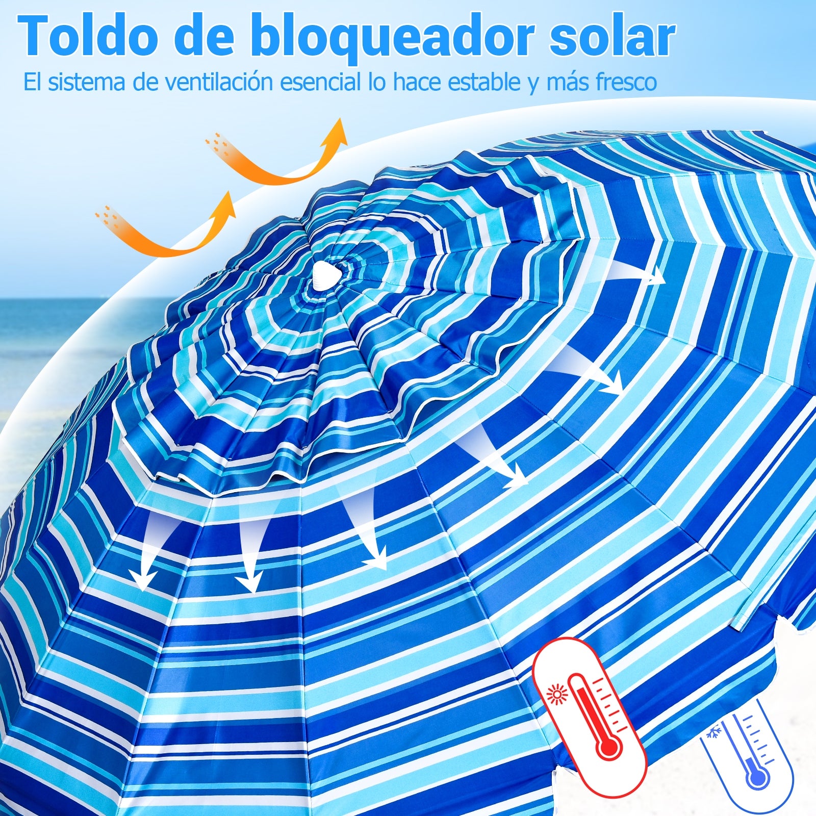 Sombrilla de Playa Parasol Regulable con Protección Solar UPF50+ Inclinable Portátil de Exterior Jardín Raya Azul 2,2 x 2,45 m