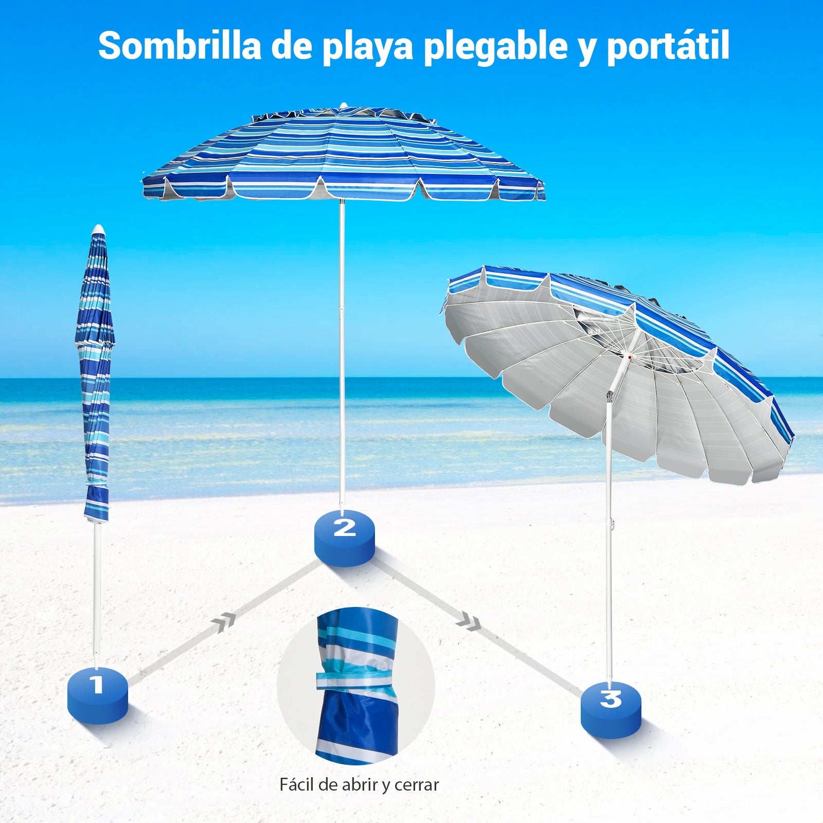 Sombrilla de Playa Parasol Regulable con Protección Solar UPF50+ Inclinable Portátil de Exterior Jardín Raya Azul 2,2 x 2,45 m