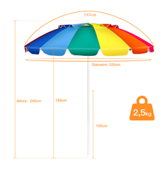 Sombrilla de Playa Parasol Regulable con Protección Solar UPF50+ Inclinable Portátil de Exterior Jardín Color Iris 2,2 x 2,45 m