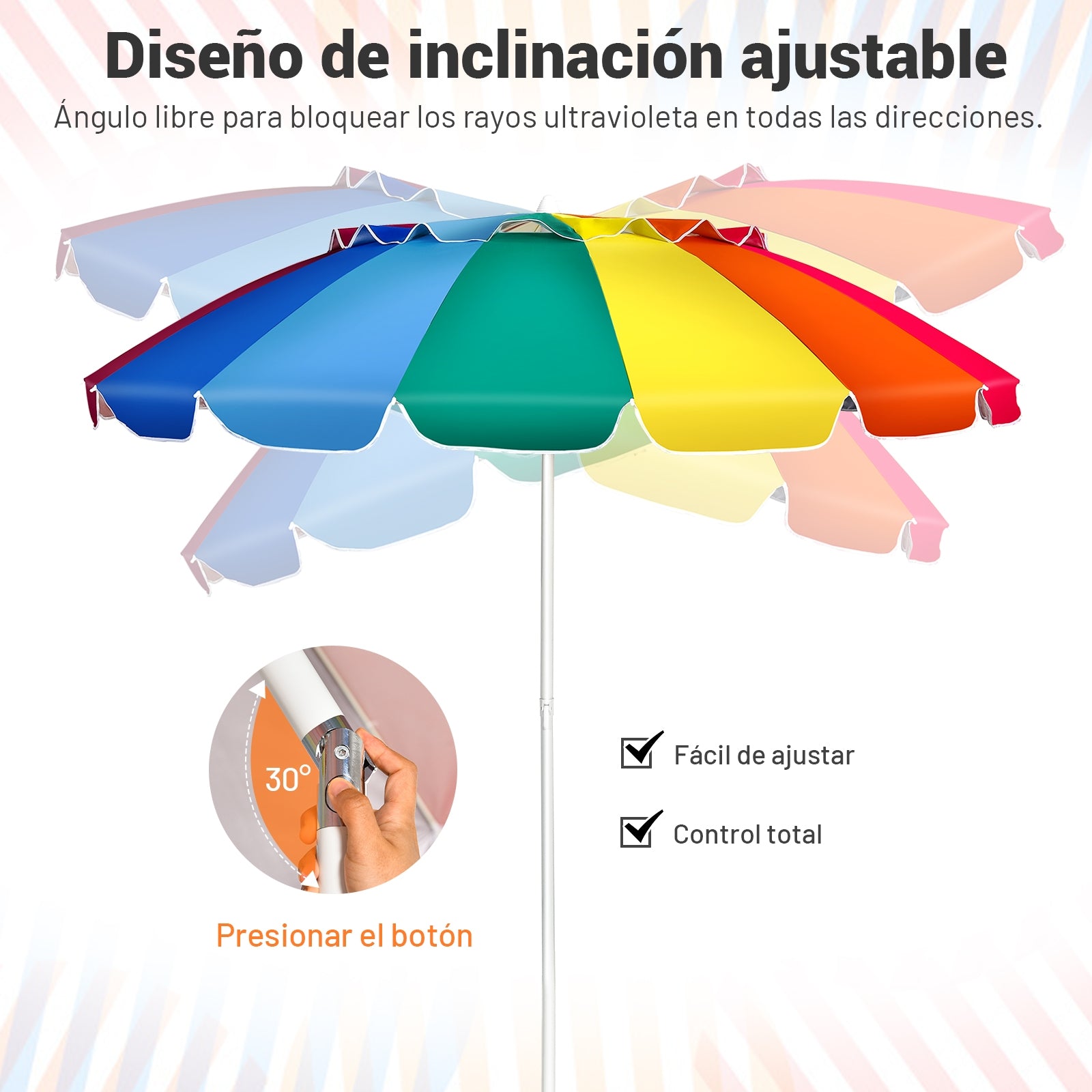 Sombrilla de Playa Parasol Regulable con Protección Solar UPF50+ Inclinable Portátil de Exterior Jardín Color Iris 2,2 x 2,45 m