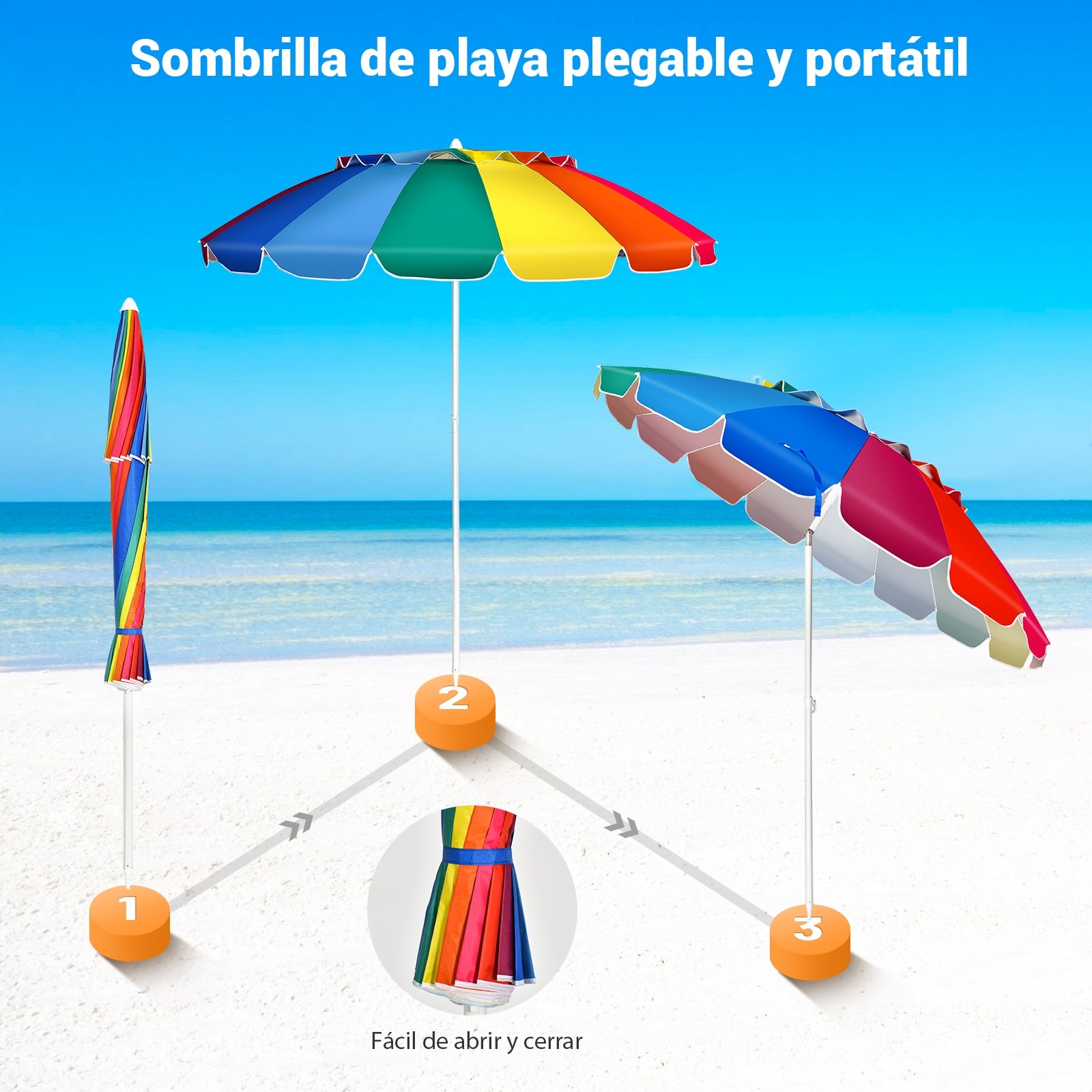 Sombrilla de Playa Parasol Regulable con Protección Solar UPF50+ Inclinable Portátil de Exterior Jardín Color Iris 2,2 x 2,45 m