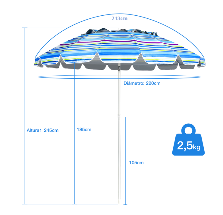 Sombrilla de Playa Parasol Regulable con Protección Solar UPF50+ Inclinable Portátil de Exterior Jardín Raya Azul Claro 2,2 x 2,45 m