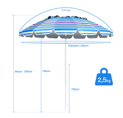 Sombrilla de Playa Parasol Regulable con Protección Solar UPF50+ Inclinable Portátil de Exterior Jardín Raya Azul Claro 2,2 x 2,45 m